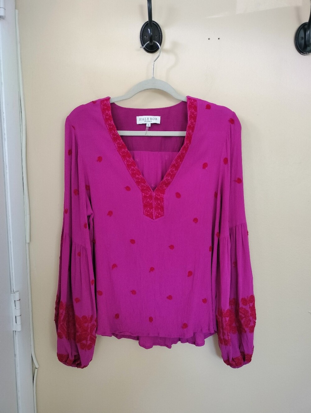 Hale Bob Tavanna XL  Embroidered Peasant Blouse Top Ballon Sleeve Boho Vacation